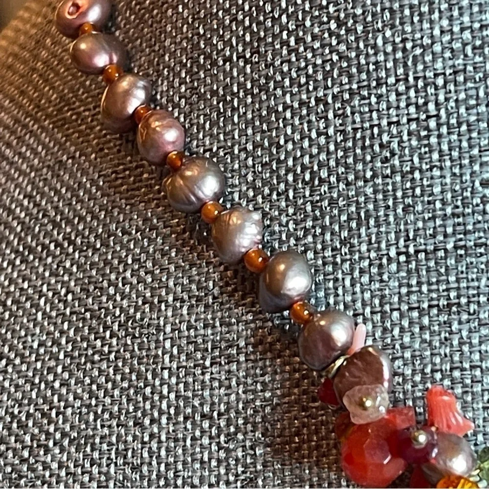 Handmade Red Agate, Coral, Freshwater Pearls, Amethyst &‎ Glass Beaded Necklace